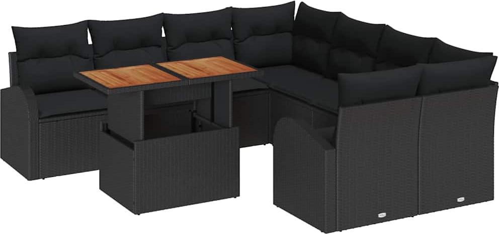 Modulares Garten-Sofa-Set, 9-teilig mit Stauraum, Poly Rattan Schwarz, 8 Sitzplätze, wasserabweisende Taschen, für Balkon & Terrasse