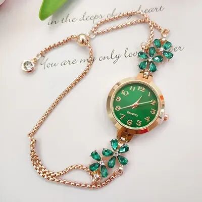 Fusion Finds Vintage Women's Bracelet Watch With Crystal Strass Quartz Movement Luxury Dress Wristwatch green