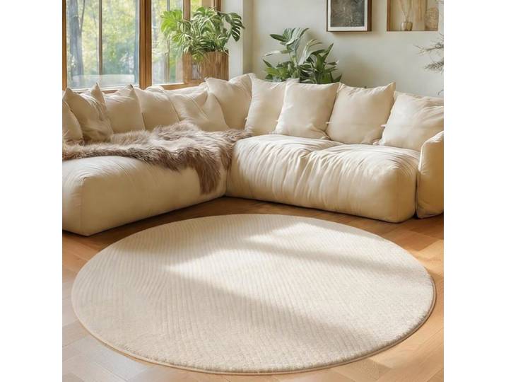 Tapis Salon Rond 120cm Crème Moderne Tapis Chambre Antidérapant Haute Densité de Poils Tapis Doux pour Chambre à Coucher