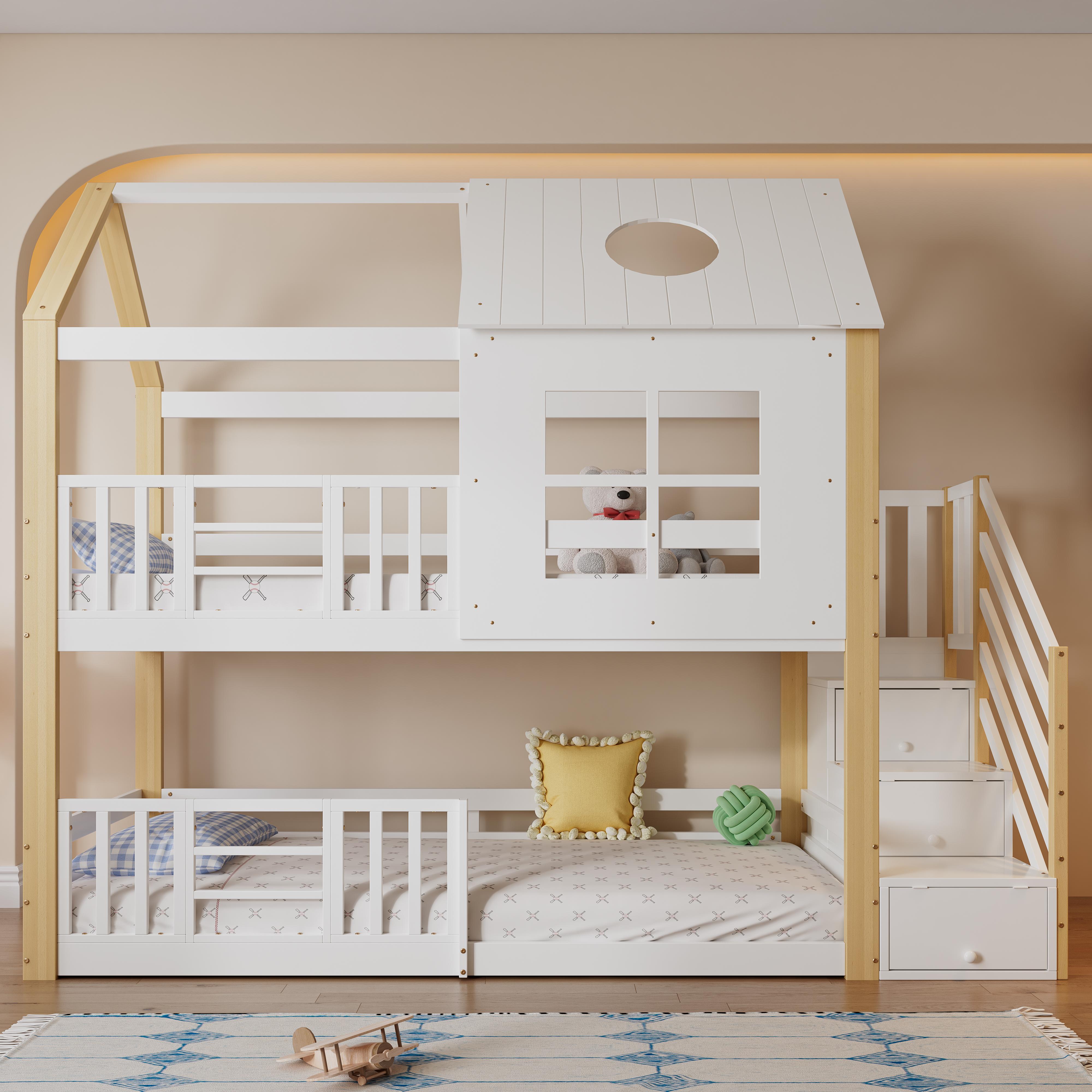 Etagenbett, Aufbewahrungstreppe, Hausbett, Fenster, Dach, Kiefer+MDF (White+Natural)