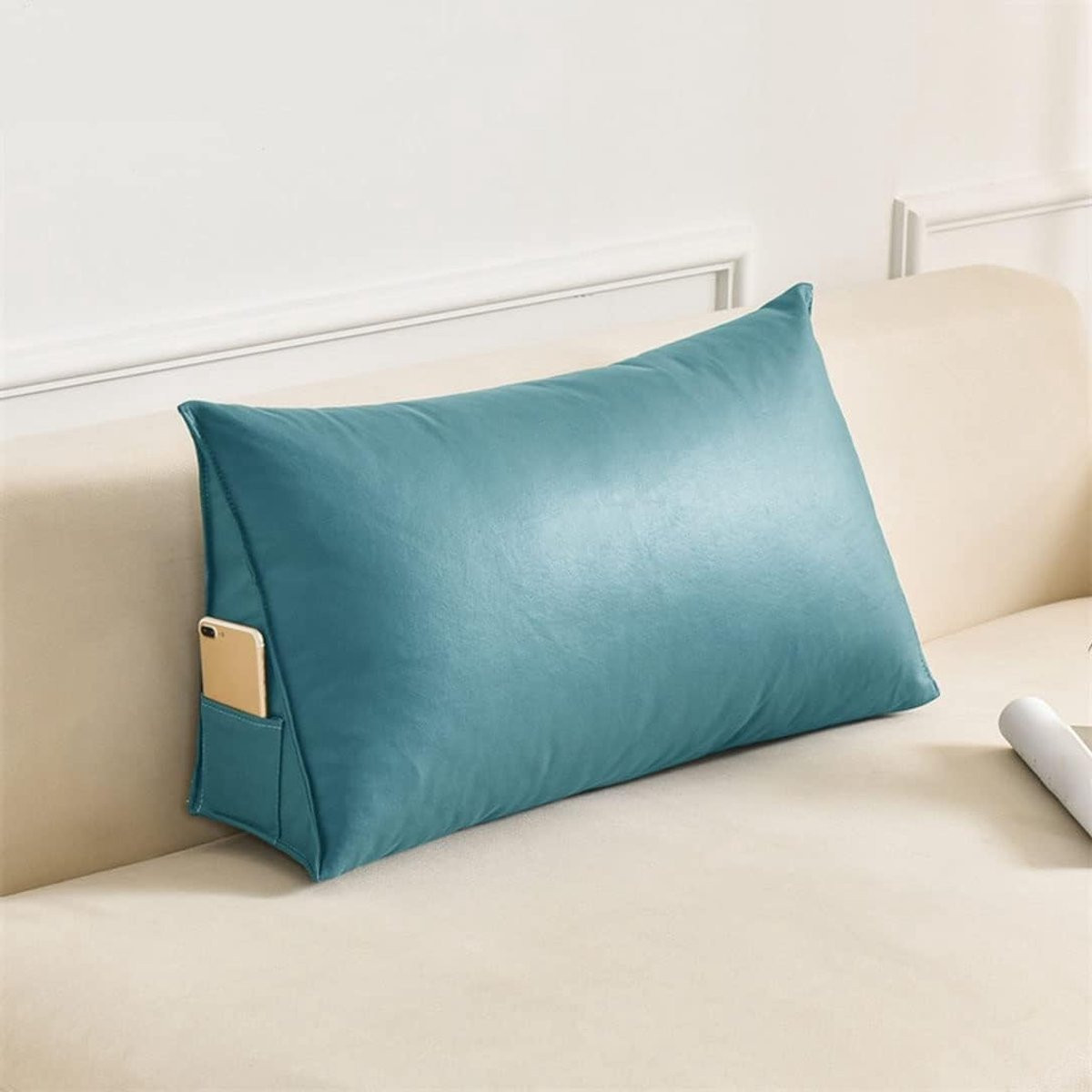 Driehoekig kussen voor rugsteun en comfortabel lezen met zijvak - Marineblauw - Tot 100 cm breed