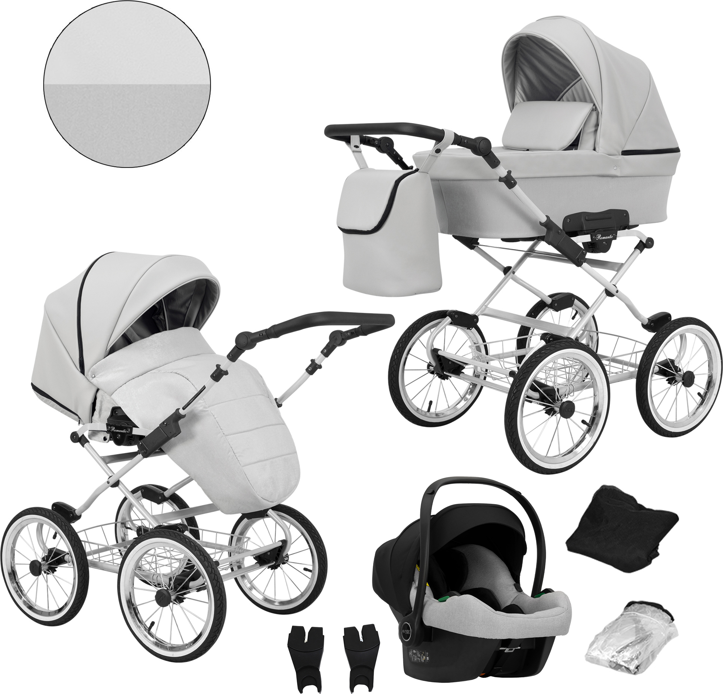 Kinderwagen ROMANTIC Sportwagen Babywagen Babyschale Komplettset Kinder Wagen Set 3 in 1 (ROM-09, Rahmenfarbe: grau)