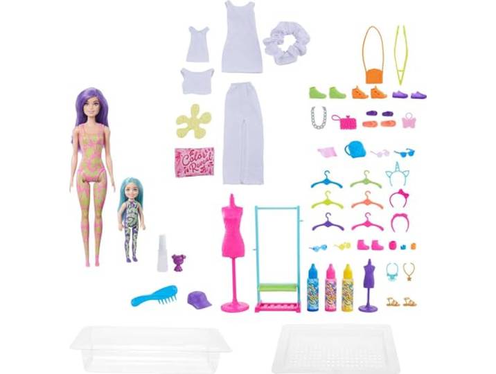 Barbie Poppen Color Reveal Cadeauset Zelf Tie-Dye Verven met Color Reveal Barbie pop, Chelsea pop en dierenvriendje Tools en outfits om tie-dye te verven, HCD29