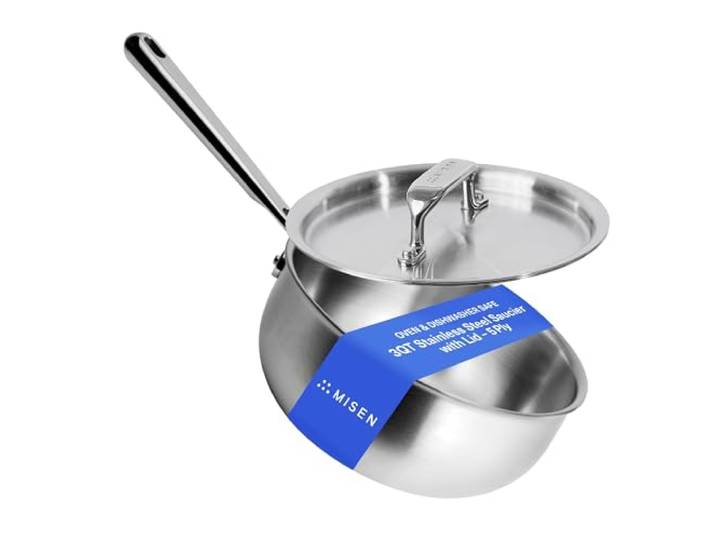Misen Premium Saucierpfanne mit Deckel und Griff für kühlbleibenden Kühl, 5-lagiges Edelstahl-Kochgeschirr, Gas-, Elektro- und Induktionskochen, dicker Boden, antihaftbeschichtete Innenseite, erhitzt