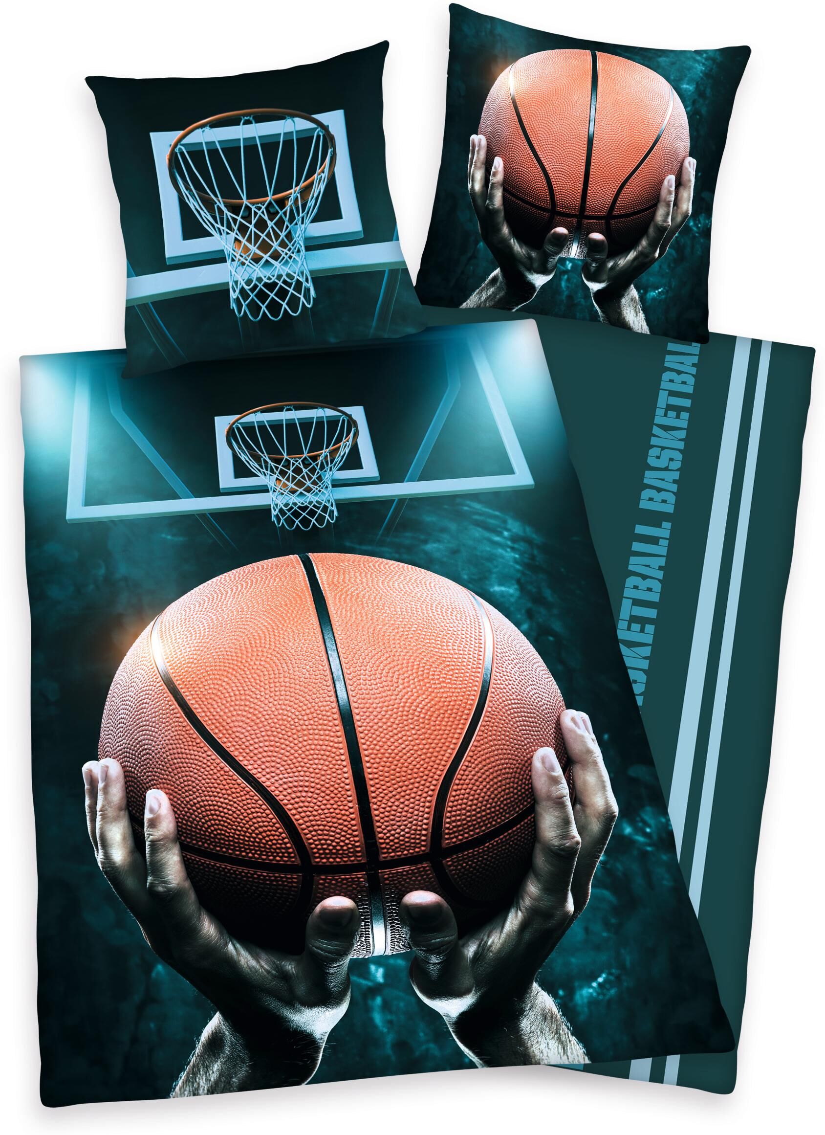 Jugendbettwäsche "Basketball", bunt (multi), B/L: 135cm x 200cm, 1 Stk., 1 Stk., Renforcé, B/L: 80cm x 80cm, 2 Stk., Renforcé, Obermaterial: 100% Baumwolle, HERDING YOUNG COLLECTION, Bettwäsche, Jugendbettwäsche, mit Basketballkorb multi B/L: 135cm x 200c