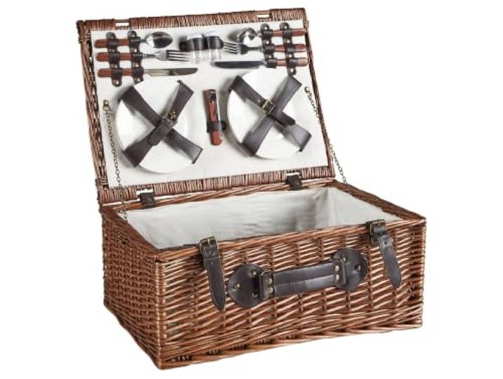 Picknickkorb 4 Personen Weide braun Kühltasche Teller Besteck Weingläser Pruneau
