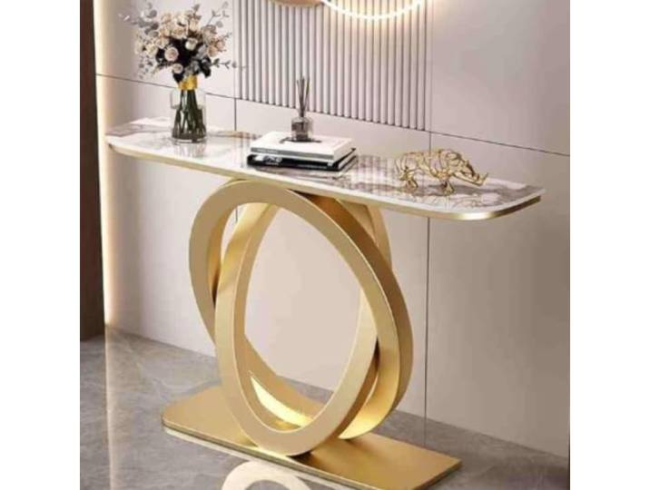 Moderner Konsolentisch mit Metallgestell, Marmoroptik Flurtisch für Flur Stabiles Metallgestell, Marmor-Finish Oberfläche, platzsparendes Design, für Flur(Gold+White-gold,47.2in*11.8in)