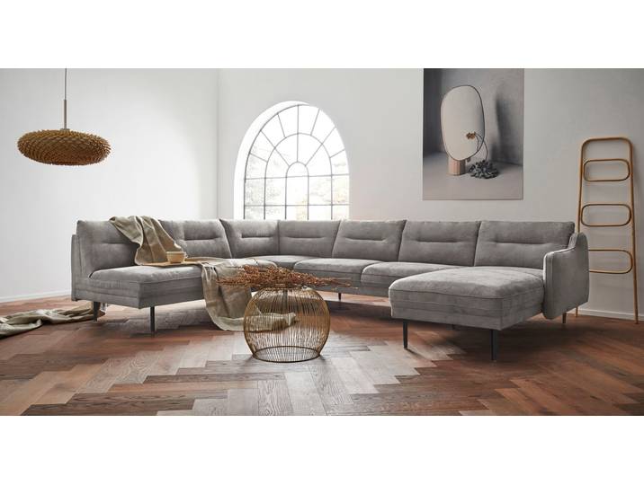 Wohnlandschaft, Luxus-Microfaser Lederoptik, Grau, 323×239 cm, U-Form, Modern, andas
