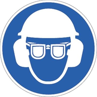 Aufkleber Gehörschutz, Augenschutz und Kopfschutz benutzen, Folie, Ø 100 mm