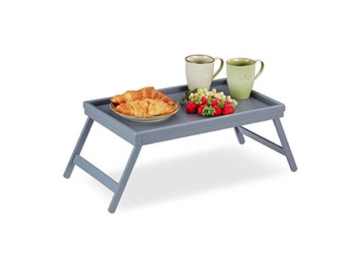 Relaxdays bedtafel bamboe, inklapbare pootjes, verhoogde rand, grijs