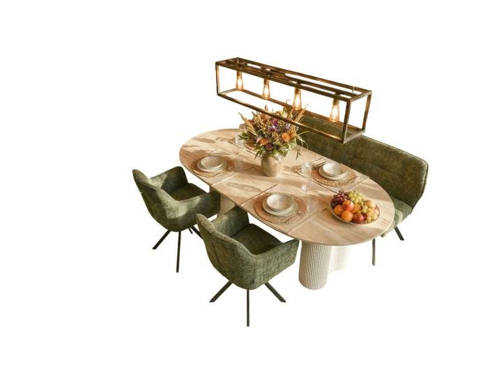 Vintagehaus Essgruppe Bari 180 Travertin Metall + 2 Stühle und Bank Raster