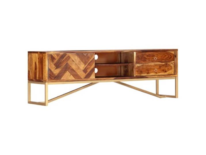 hliofuir TV-Schrank 140x30x45 cm Massivholz Akazie Lowboard Braun Stilvolles Mid-Century Fernsehmöbel für das Wohnzimmer mit robusten Metallbeinen in Messing-Optik und reicher Holzmaserung.