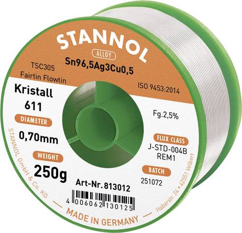 Stannol Kristall 611 Fairtin Lötzinn, bleifrei bleifrei Sn99,3Cu0,7 REM1 250g 0.7mm