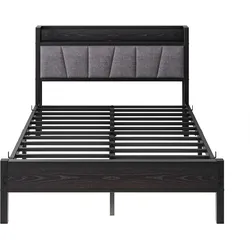 OKWISH Bettrahmen MDF und Metall Schwarz 140x190 cm mit LED, Aufbewahrungskopfteil, USB-Ladestation und geräuscharmen Metalllamellen