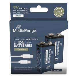 MediaRange Wiederaufladbare USB-C Li-Ion Batterien, E-Block I 9V I 3060mWh I 340mAh, 2-Pack (2 Stk., 9V Block, 340 mAh) (MRBAT167)