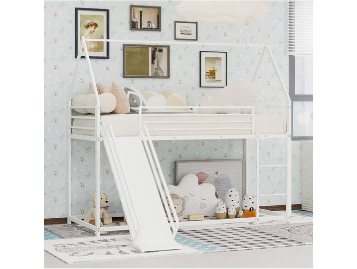 Lit mezzanine enfant cabane 90 x 190 cm QAVRYL avec toboggan et échelle en métal blanc