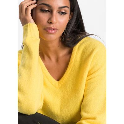 Strickpullover BONPRIX "Oversize-Strick-Pullover", Damen, Gr. 40/42 (M), gelb (maisgelb), Strick, Obermaterial: 75% Polyacryl, 22% Polyester, 3% Elasthan, unifarben, oversize hüftbedeckend, V-Ausschnitt, Strickbündchen, Pullover Strickpullover, aus...