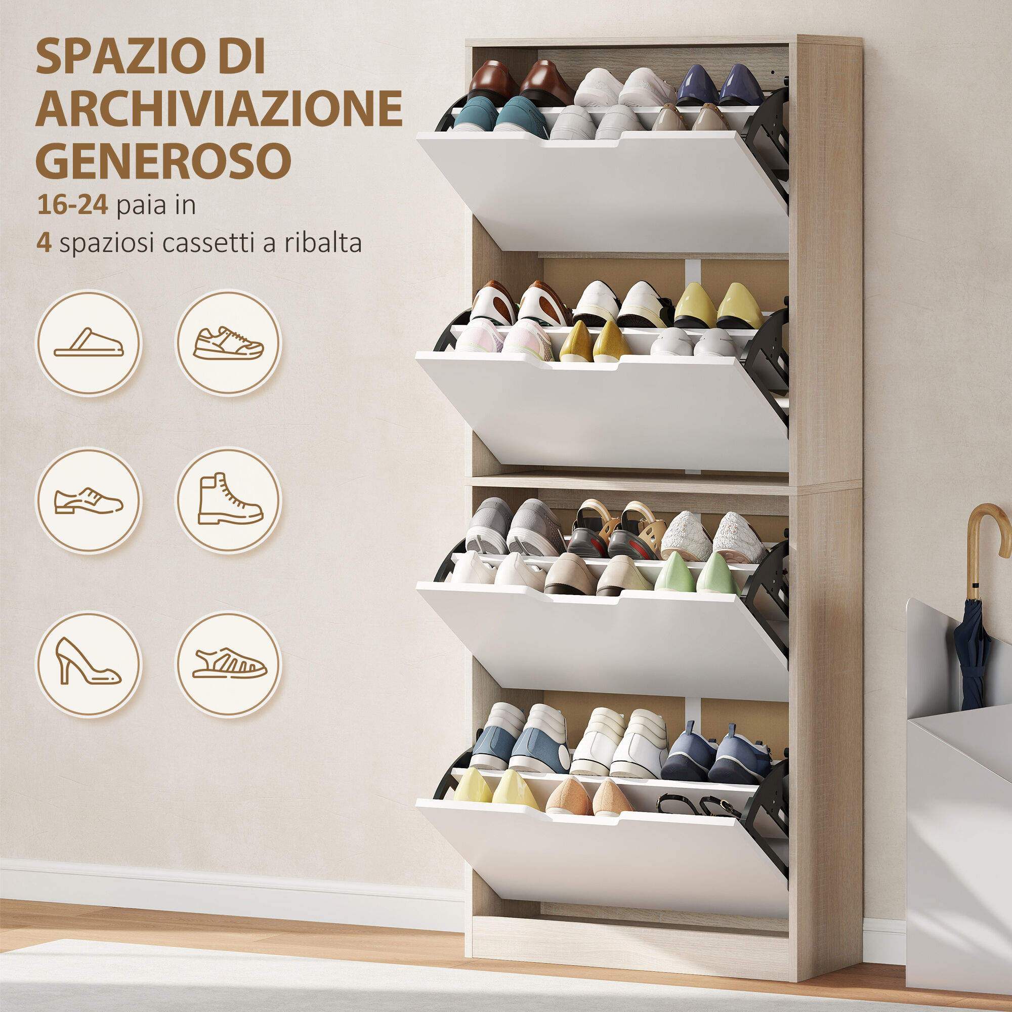 Altro Scarpiera Salvaspazio Slim A 4 Cassetti Per 20 Paia Di Scarpe 62.5x26x156 Cm, Color Legno E Bianco