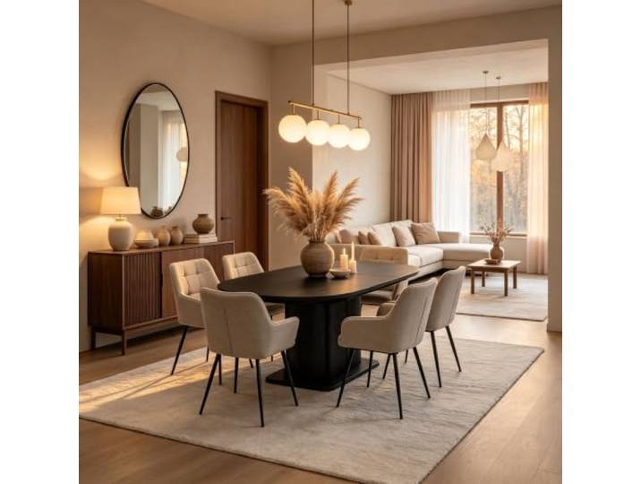 OOID Ausziehbarer Esstisch mit Stauraum + 6 Stühlen, für kleine & große Wohnbereiche (Schwarz +Beige)