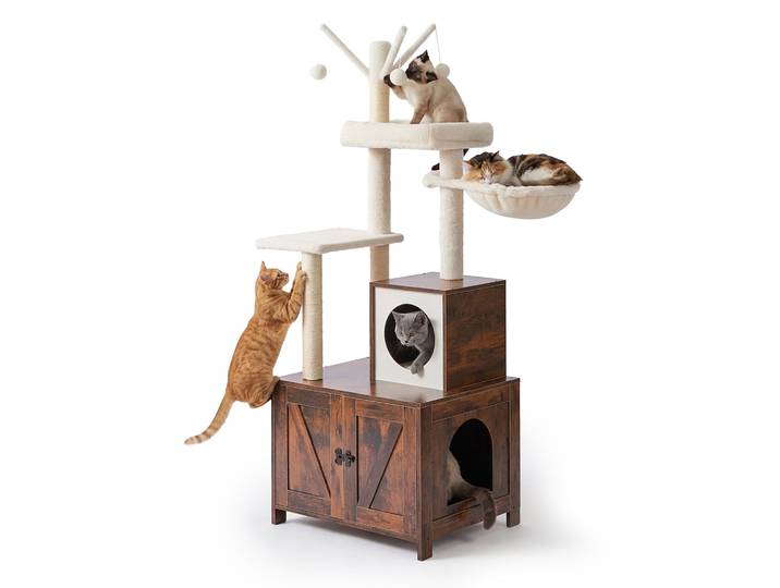 Kratzbaum mit Katzenklo-Schrank 150cm Weiss-Dunkelbraun