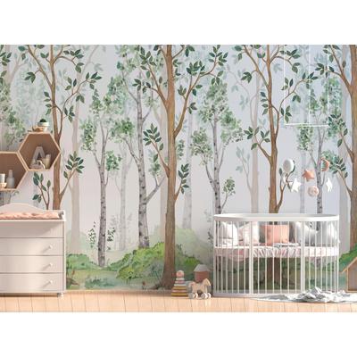 Vliestapete A.S. CRÉATION "Fototapete Wald Aquarell Grün Braun Kinderzimmer", grau, B:2,55m H:0,02m L:3,5m, Vlies, Tapeten