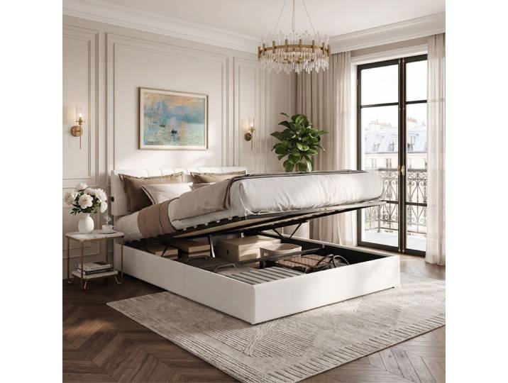 Lit coffre - NEXU - 140x190 cm - Velours Teddy blanc laiteux - Tête de lit réglable