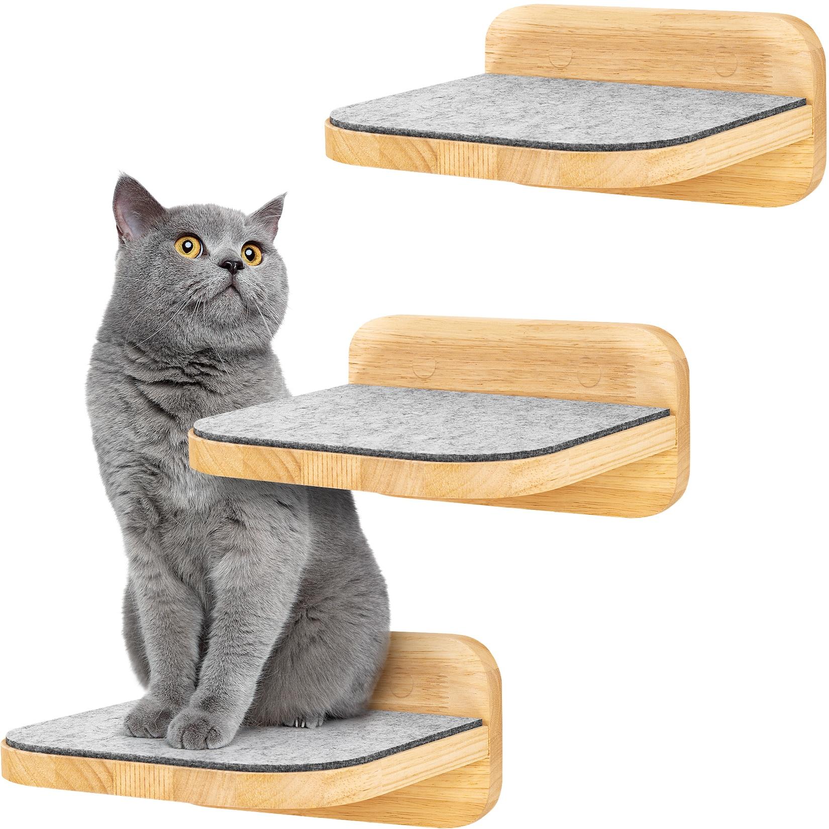 HAPPYPET Katzentreppen 3er-Set für Wandmontage - Hartholz, Designer Kletterwand Katzen, Katzentreppe mit Filzbezug, Katzenleiter, Katzenwand zum Klettern, Catwalk Natur 3x Stufen L