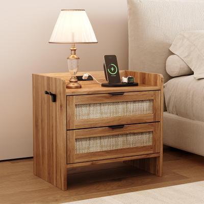 Garvee Rattan Nightstand, Bedside Table with Type-C Charging Station - 2 Drawer Space, Boho End Table Side Table for Bedroom