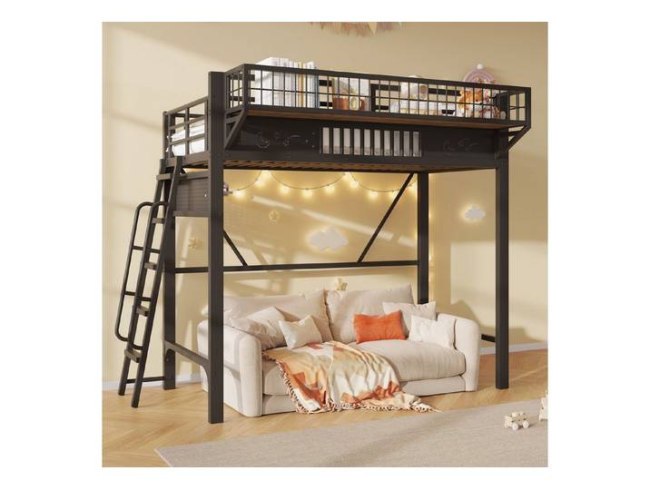 Ulife Hochbett Metallbettgestell, Staufächer, offene untere Ebene (3-St) 90*200cm, Schwarz