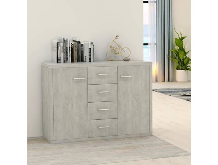 Buffet bas OVONNI - Gris béton - 88x30x75 cm - 4 tiroirs et 2 portes