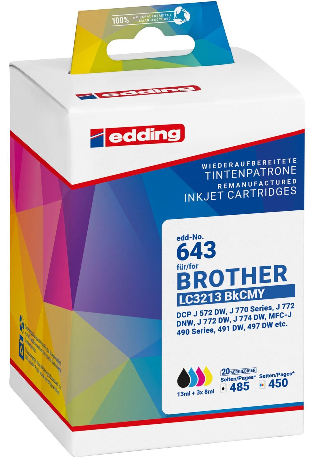 Edding Tintenkartridges 18-643 compatibel met Brother LC3213, zwart/cyaan/magenta/geel, 4 stuks