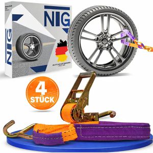 NTG Spanngurt für Autotransporte, mit Spitzhaken und Ratsche, 3000kg Zurrkraft, DIN EN 12195-2, 35mm x 1,8m, 4 Stück