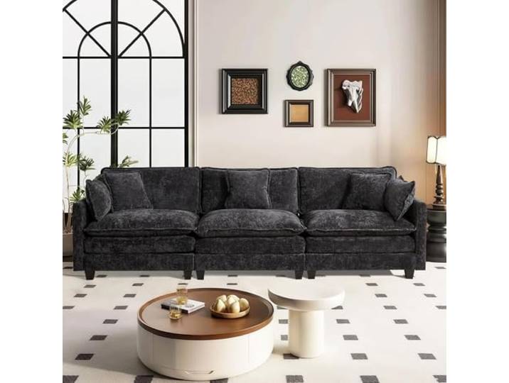SoarTalent 289cm 3-Sitzer Sektionalsofa, Schwarz Chenille-Bezug im Wolken-Couch-Stil, tiefer Sitz mit Kissen, wandelbar, Sitzhöhe 54cm für Wohnzimmer, Wohnung, Büro.