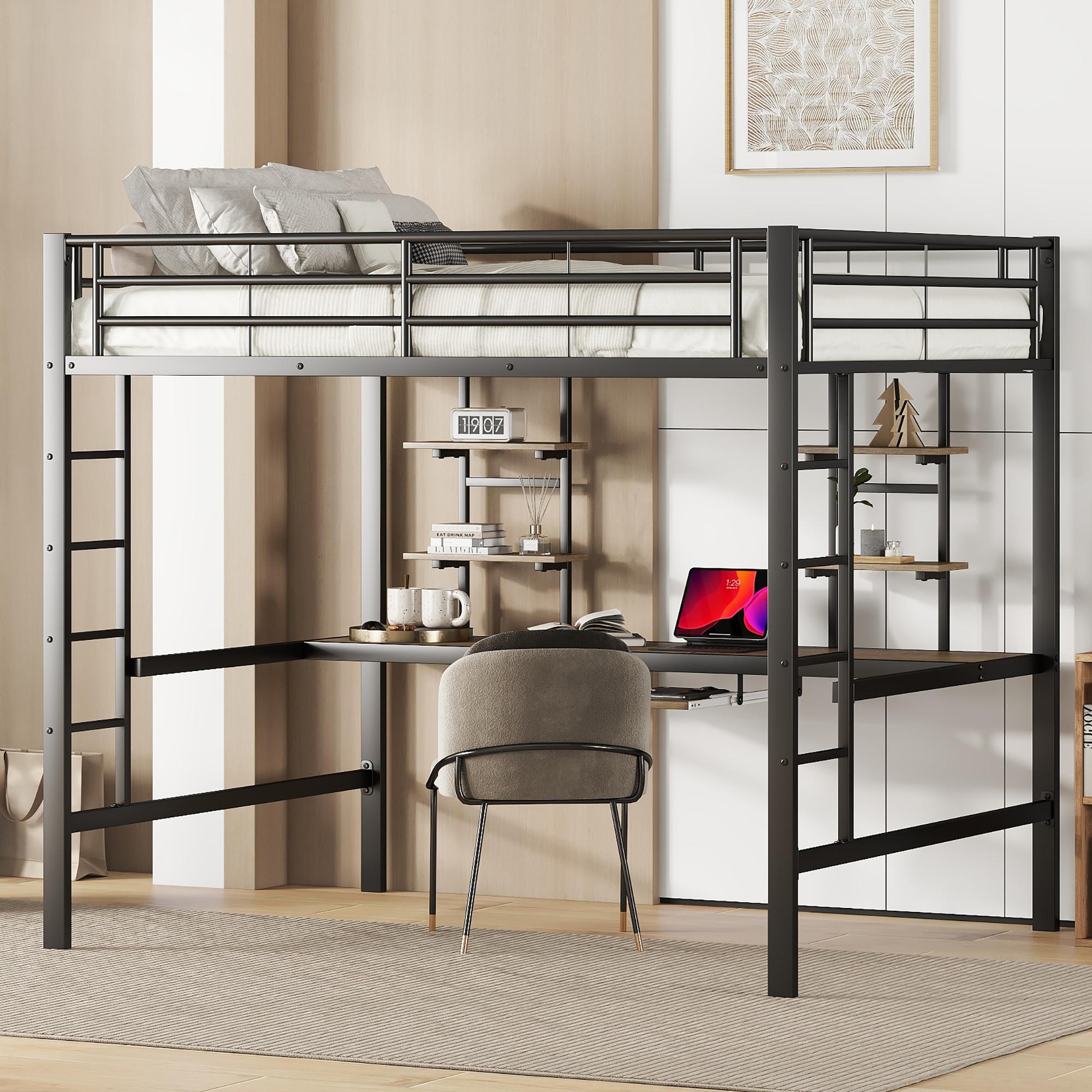 Bettgestell Metallbett, Eisenbett, Hochbett mit Schreibtisch und zwei Bücherregalen für Kinder, Jugendliche und Erwachsene, 140x200cm, schwarz