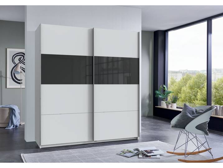 Schwebetürenschrank WIMEX Bramfeld Kleiderschrank , schwarz (weiß, absetzung schwarzglas), B:180cm H:198cm T:64cm, Schränke, Schwebetürenschrank, mit Glaselementen und zusätzlichen Einlegeböden