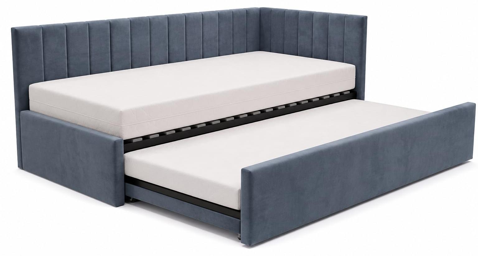 Kinderbett Alvin 01 90x200 - Jugendbett mit einer Schublade und zwei Liegeflächen - Einer Matratze T28-30 - Weich Riviera-Stoff - Blau, Rechte