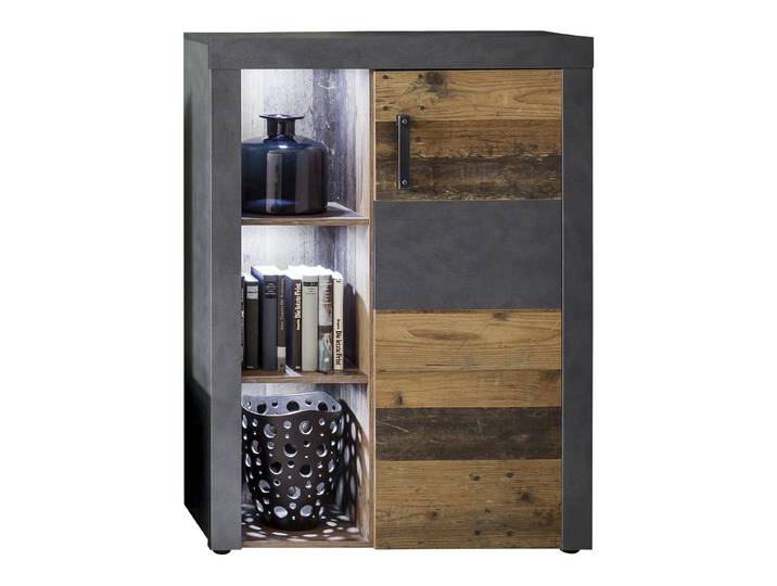 Irina Sideboard 1 Tür und 3 Ablagen, grau Matera, Old Wood Nachbildung.