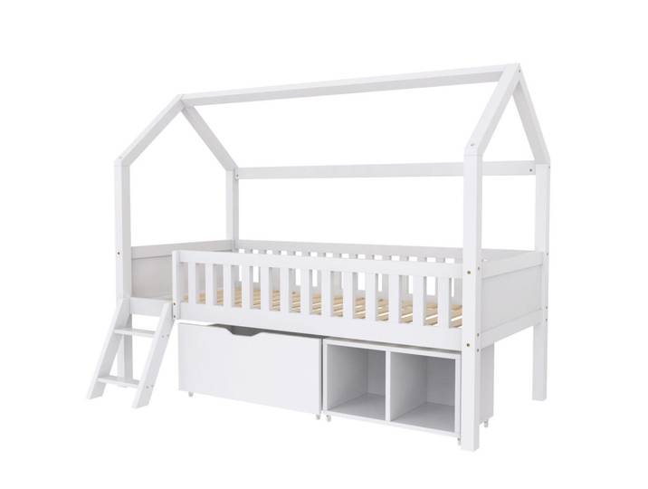 Komhtom Hausbett 90/200 cm in Weiß mit Anti-Drop-Geländer, Holz, Märchen/ Fantasie, 90x200 cm, Babymöbel & Kindermöbel, Kinderzimmer & Jugendzimmer, Kinderbetten, Spielbetten