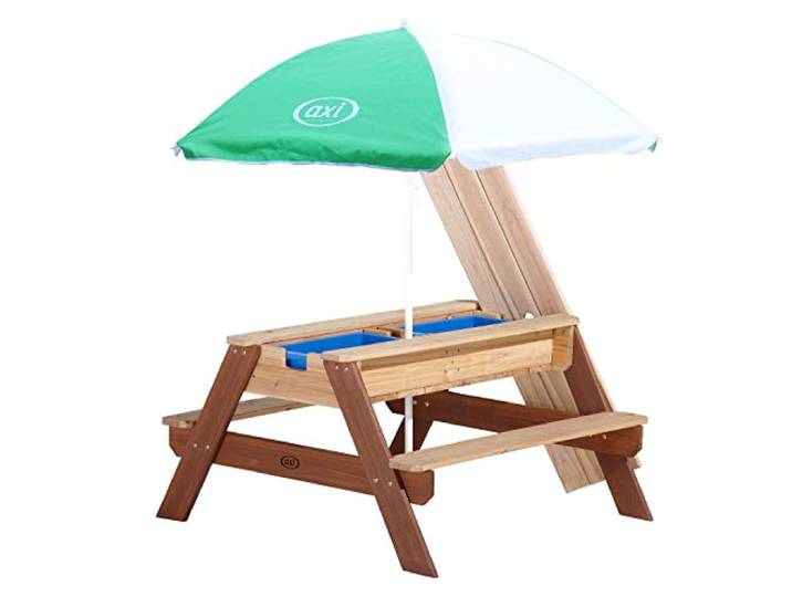 AXI Nick Sand & Wasser Picknicktisch aus Holz in Braun Wasserspieltisch & Matschtisch für Kinder mit Deckel, Behältern & Sonnenschirm, FSC Holz, Maße 95 x 97,7 x 48,7 cm