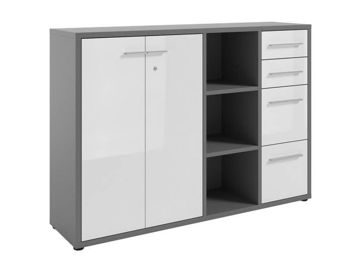 Novel Sideboard Texas, Weiß, Dunkelgrau, Kunststoff, 4 Fächer, 4 Schublade(n) Schubladen, 154.9x110x40 cm, stehend, Wohnzimmer, Kommoden & Sideboards, Sideboards