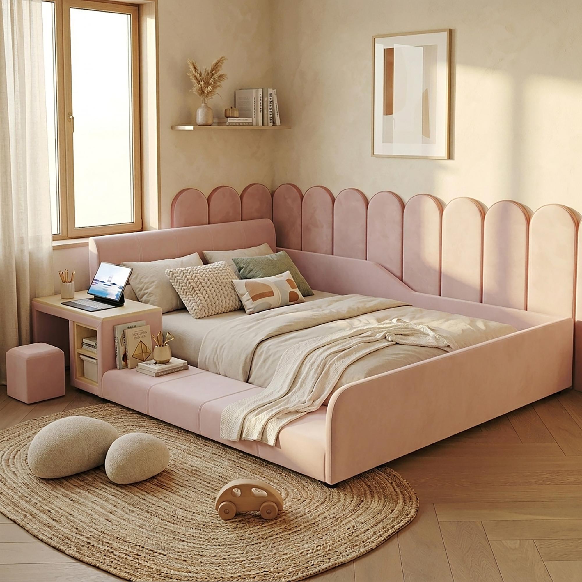 STILVORA Polsterbett 140x200cm mit Matratze Bettgestell mit Kinderschreibtisch und Hocker, Kinderbett mit Ablageboden und weichem Kopfteil, Einzelbett mit Holzlatten, Samt