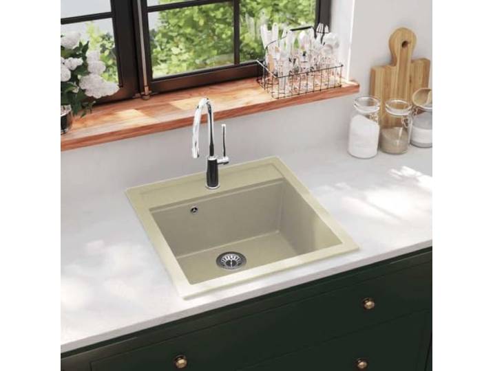 Xolmizyn Einbauspüle Beige Granit Einzelbecken 490x510mm hitzebeständig Kratzfest & schmutzabweisend, Inklusive Siebkorb, Einfache Montage
