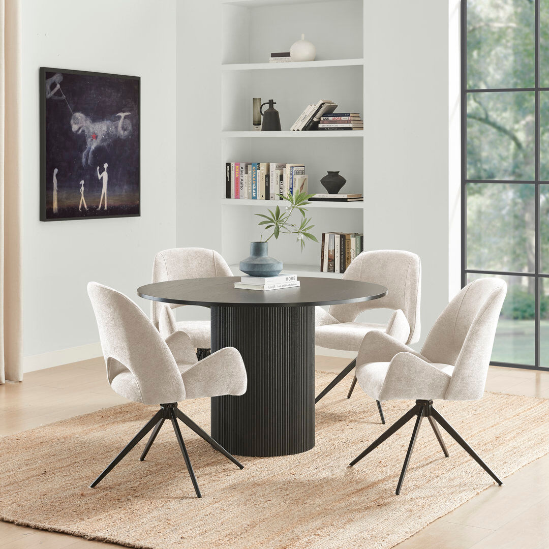 17 Stories Penny Pillar Black Round Table With 4 Lyla Luxury Fabric Upholstered Swivel Dining Chairs Cream 4