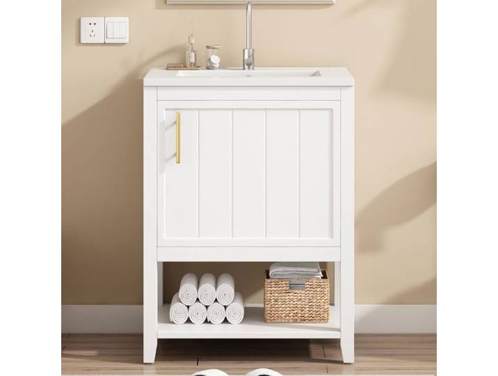 Maisentiel Meuble sous vasque à poser 61 cm blanc MDF avec vasque en céramique et étagère