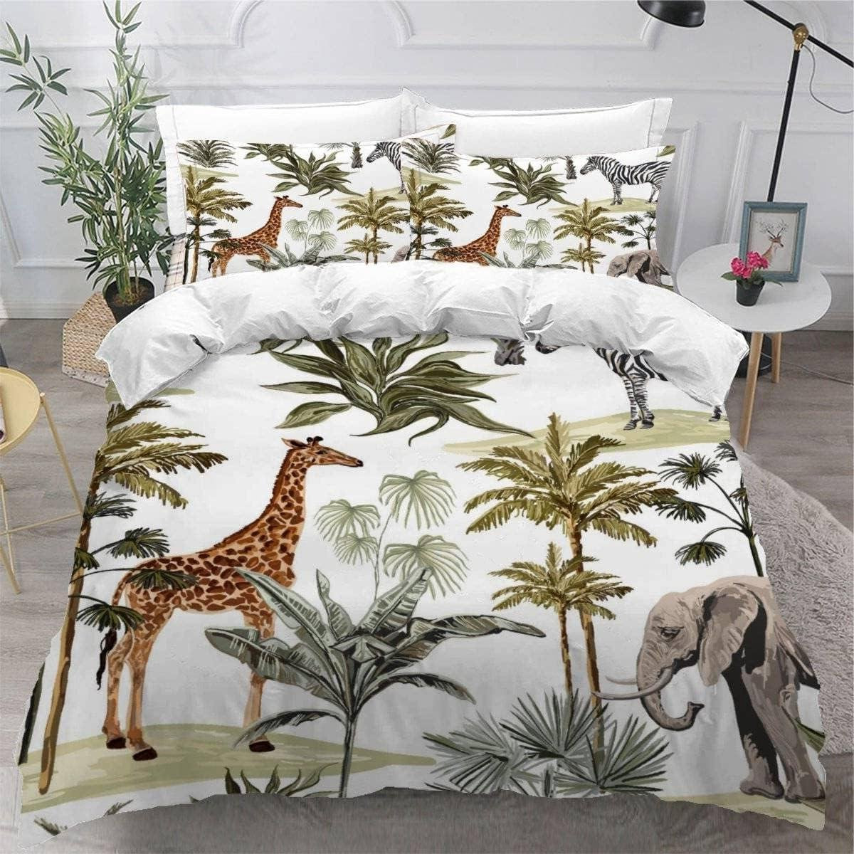 Dekbedovertrek Set met 3D Jungle Dierenprint in Bruin en Oranje, 220 x 240 cm