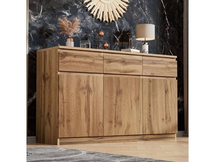 Buffet Moderne 135x40x81cm Meuble de Rangement avec 3 Tiroirs et 3 Portes Design Anti-Basculement Couleur Naturelle