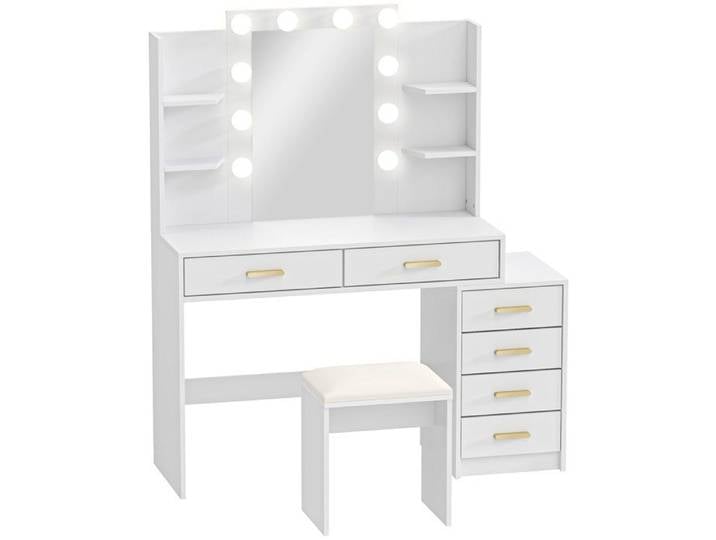 YWJ Coiffeuse Miroir Éclairé Tabouret Rembourré Blanche 6 Tiroirs Surfaces Rangement Maquillage Ensemble
