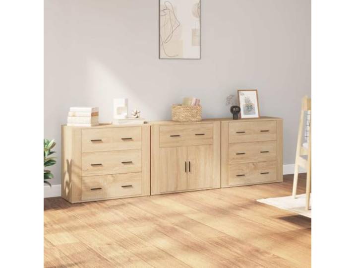 RJPLMFV Anrichte, 3-teilig, Eiche Sonoma, Holz Schrankaufbewahrung, glatte Oberfläche, feuchtigkeitsbeständig, Wandbefestigung inklusive, Montageanleitung (evtl. nicht in
