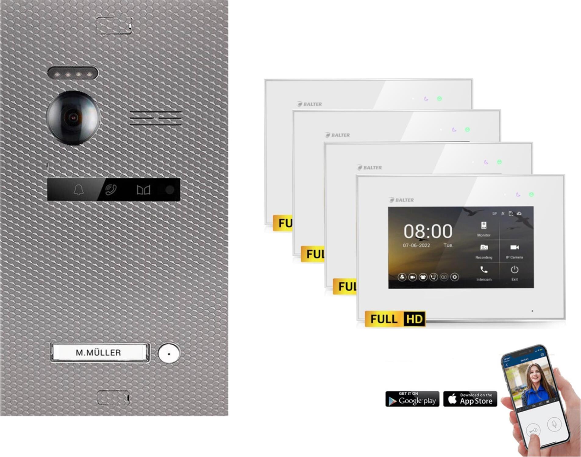 WLAN Video Türsprechanlage BALTER EVO HD für 1-Familienhaus, 4x Monitor, mit Smartphone App Karbon-Silver Weiß