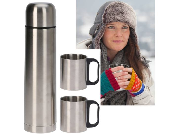 Isolierkanne aus Edelstahl 1 l, mit 2 doppelwandigen Thermobechern, je 180 ml